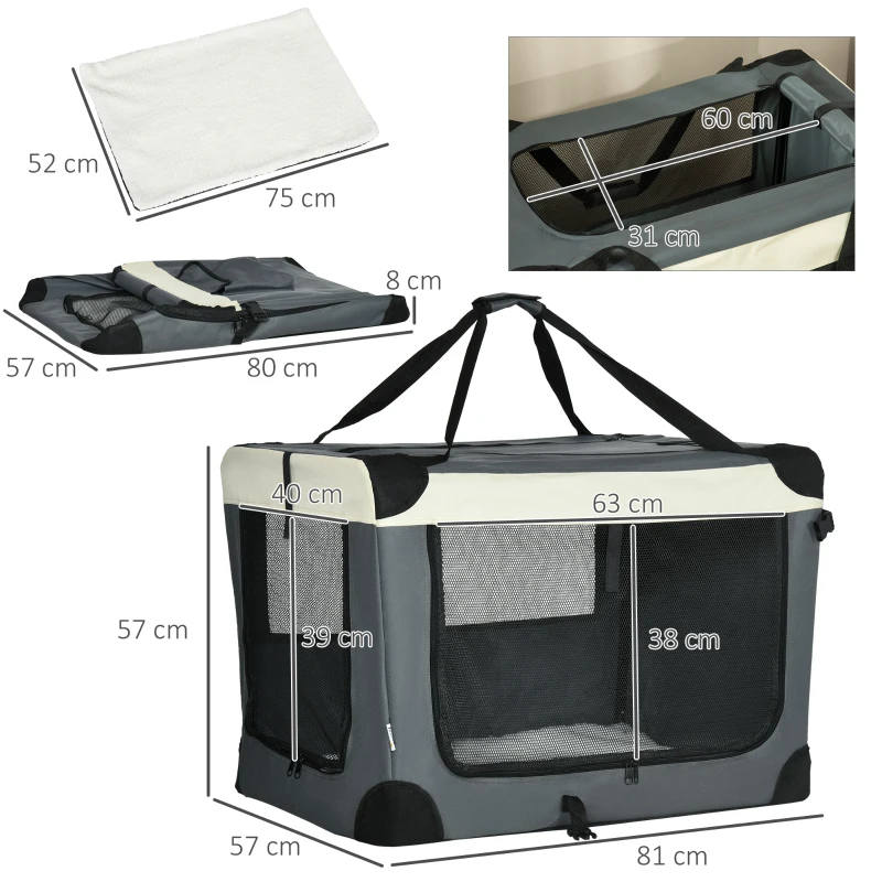 81cm Foldable Pet Carrier, with Cushion, for Medium Dogs – Grey - Image 3