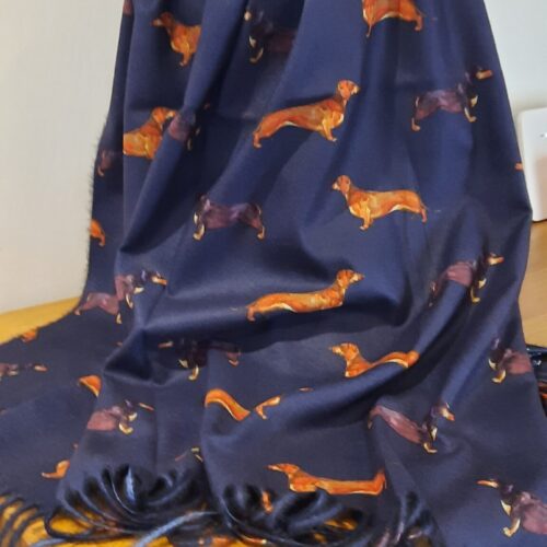 Dachshund Print Fringed Scarf - Navy Blue