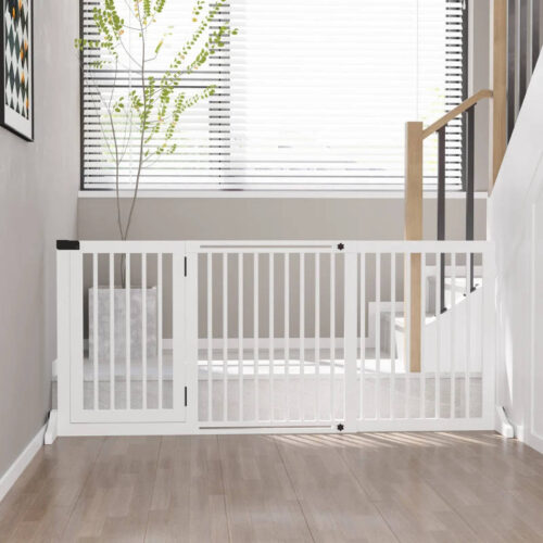 Freestanding, Length Adjustable Wooden Pet Gate. Lockable Door. 3 Panels in White - Image 3