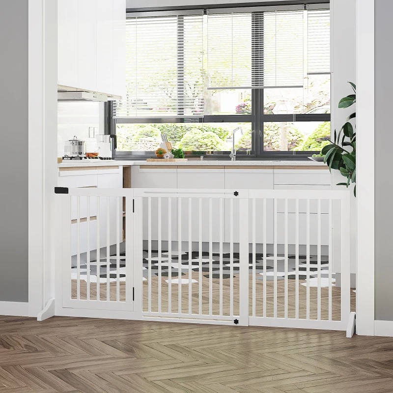 Freestanding, Length Adjustable Wooden Pet Gate. Lockable Door. 3 Panels in White