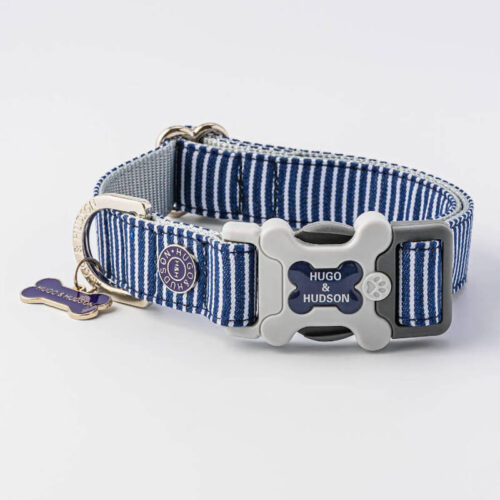 Striped Navy Fabric Dog Collar by Hugo Hudson