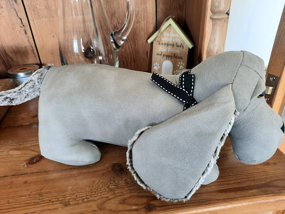 Dachshund Faux Fur Door Stop Novelty Sausage Dog Shape Grey Doorstop - Image 3