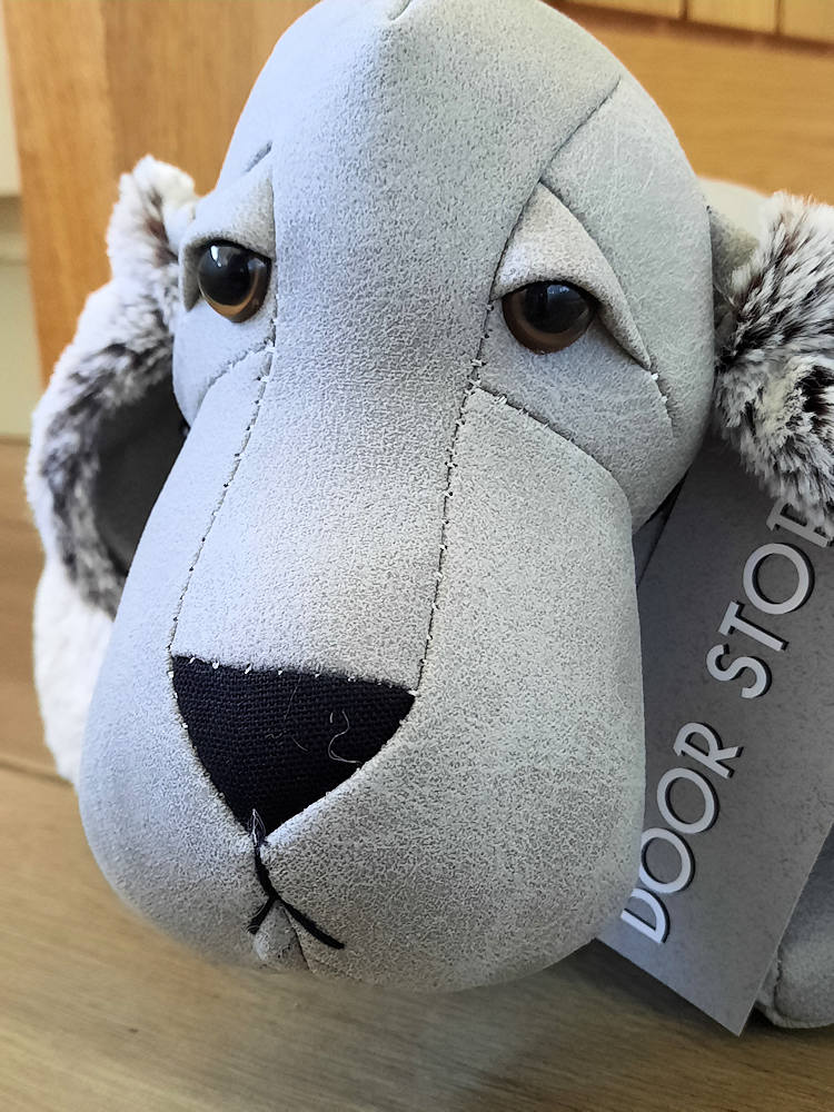 Dachshund Faux Fur Door Stop Novelty Sausage Dog Shape Grey Doorstop - Image 2