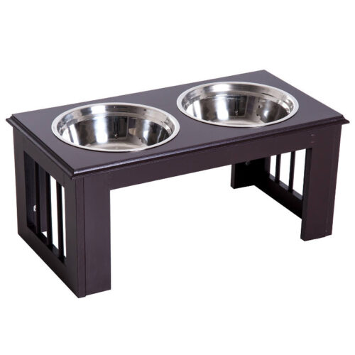 PawHut Stainless Steel Raised Dog Feeding Bowls with Stand. Small/Medium Dogs. BROWN