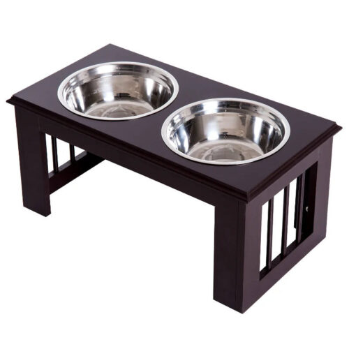 PawHut Stainless Steel Raised Dog Feeding Bowls with Stand. Small/Medium Dogs. BROWN - Image 4