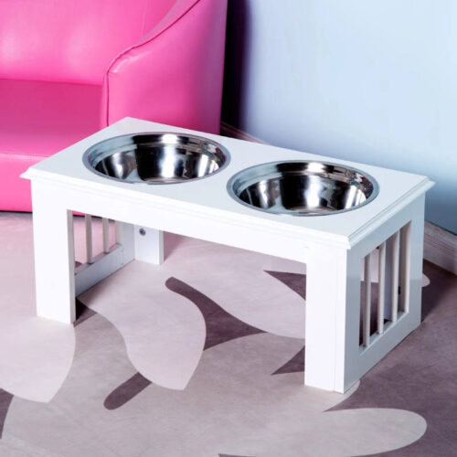 PawHut Stainless Steel Raised Dog Feeding Bowls with Stand. Small/Medium Dogs - WHITE