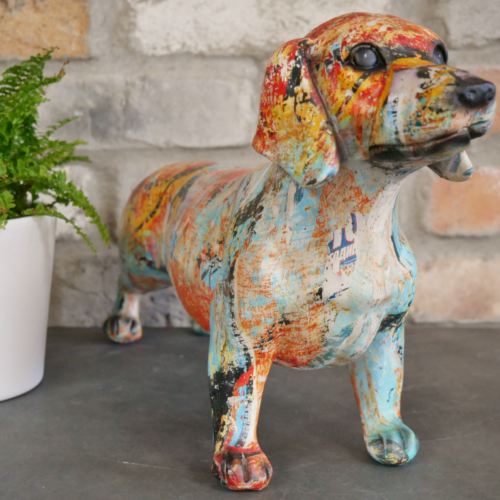 Small Distressed Decoupage Style Dachshund Figurine