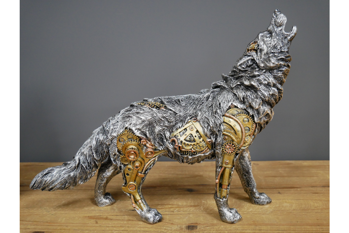 Steam Punk Wolf Figurine in Silver & Gold